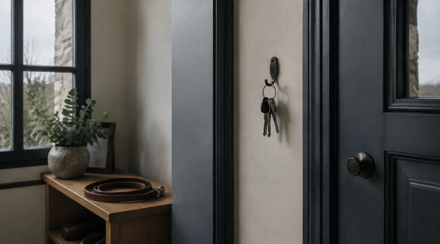Entrée d’un logement : un trousseau de clés suspendu à une patère près d’une porte sombre, une laisse enroulée posée sur une console en bois