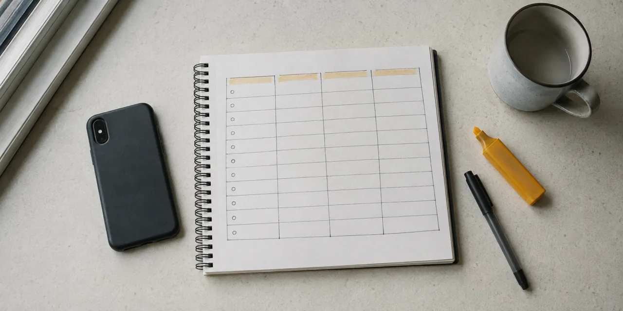 Plan de travail vu de dessus : un bloc-notes à spirale ouvert sur une grille de comparaison vierge à quatre colonnes, un téléphone retourné, un stylo, un surligneur ocre et une tasse