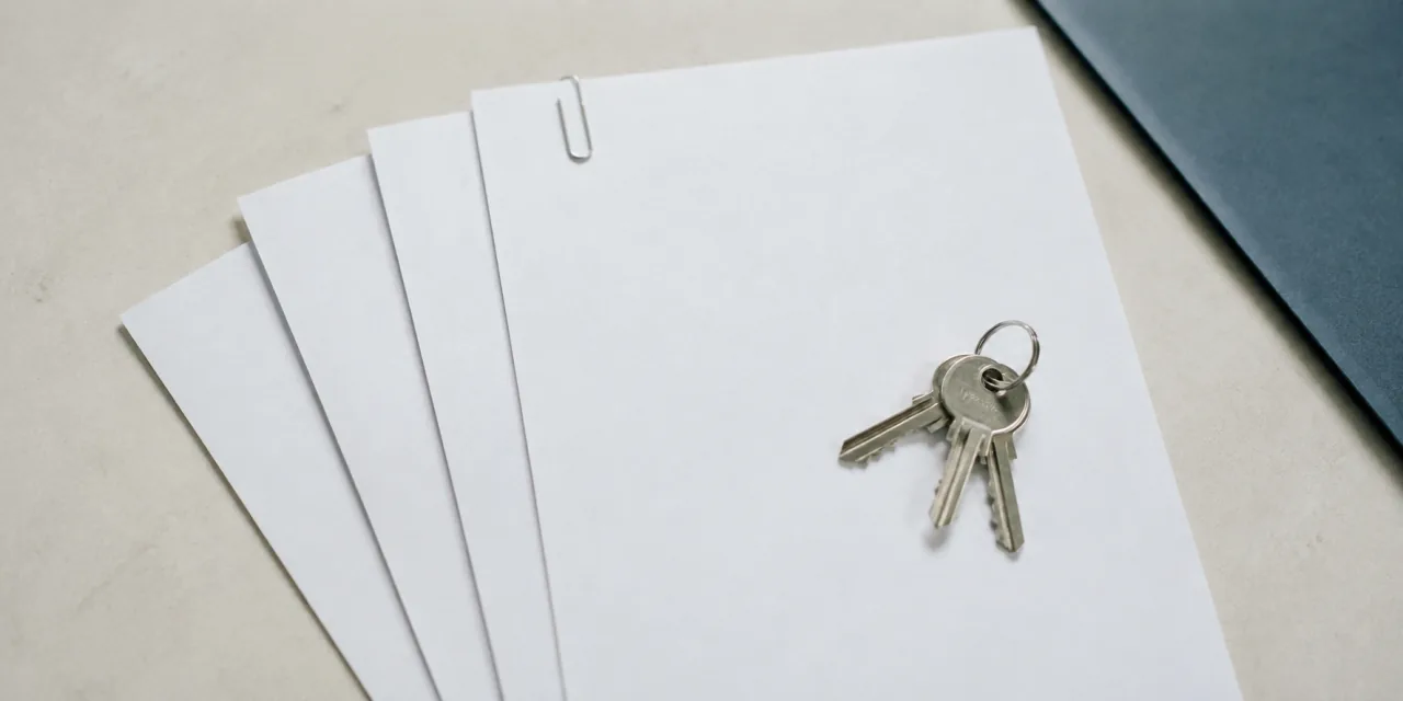 Quatre feuilles blanches vierges étalées en éventail sur un bureau, un trombone, un trousseau de clés posé sur la première, un dossier bleu ardoise à côté