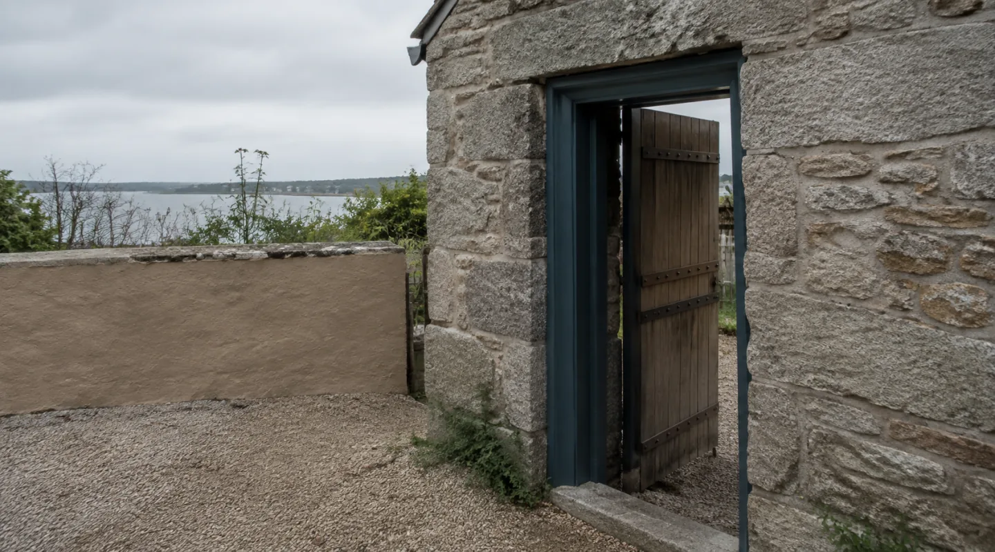 Porte en bois entrouverte dans un bâtiment breton en pierre grise, cour de gravier et muret, l’eau du golfe à l’arrière-plan sous un ciel couvert