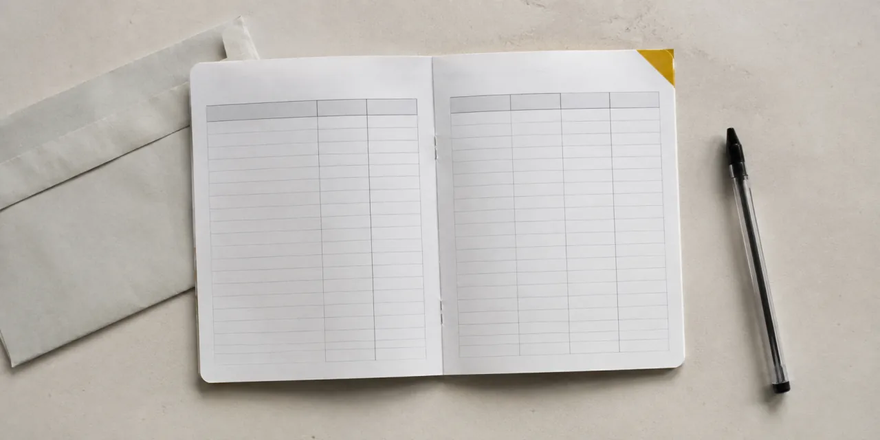 Carnet ouvert sur deux pages de colonnes réglées entièrement vierges, posé près d’une enveloppe et d’un stylo, un onglet ocre marquant le coin