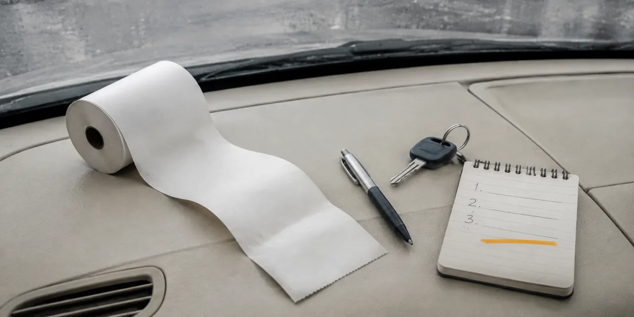 Tableau de bord : un rouleau de papier thermique déroulé et vierge, un stylo, des clés de voiture et un carnet portant trois lignes numérotées et un trait ocre