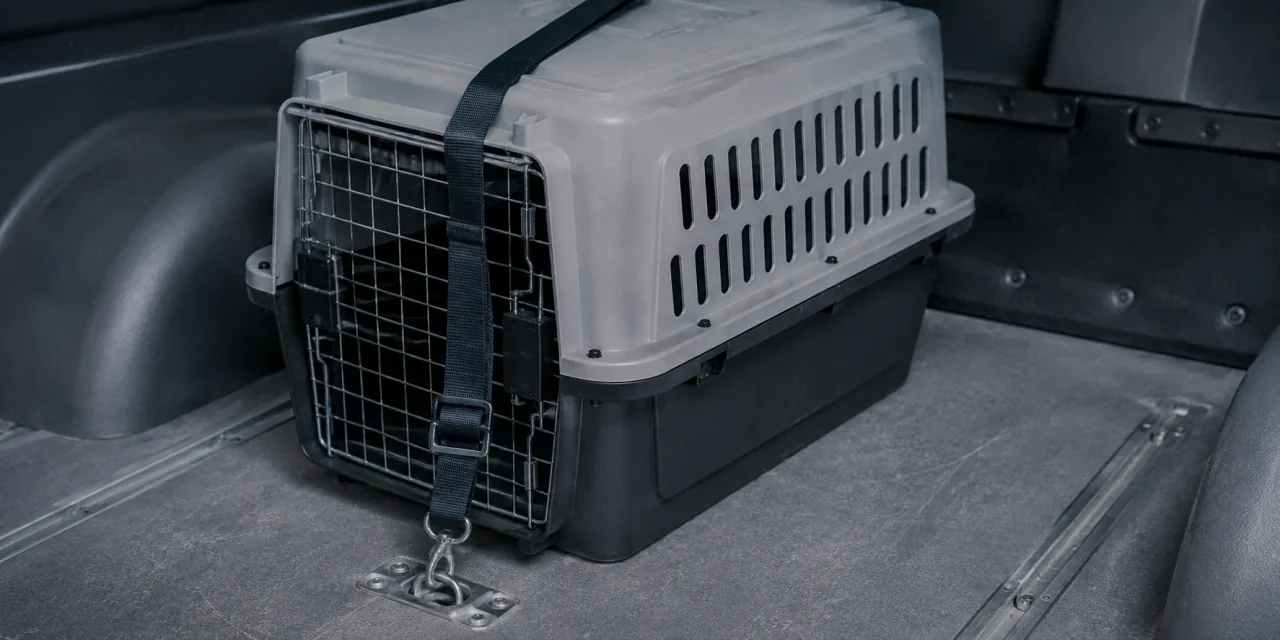 Caisse de transport ventilée et vide, sanglée à un point d’ancrage du plancher d’un véhicule