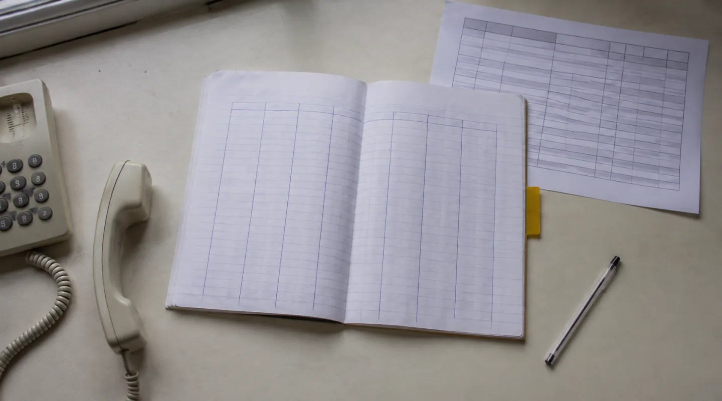 Bureau pendant un relevé téléphonique : un cahier ouvert sur un tableau de colonnes vierges, un combiné de téléphone fixe décroché, une feuille quadrillée imprimée, un stylo et un onglet ocre