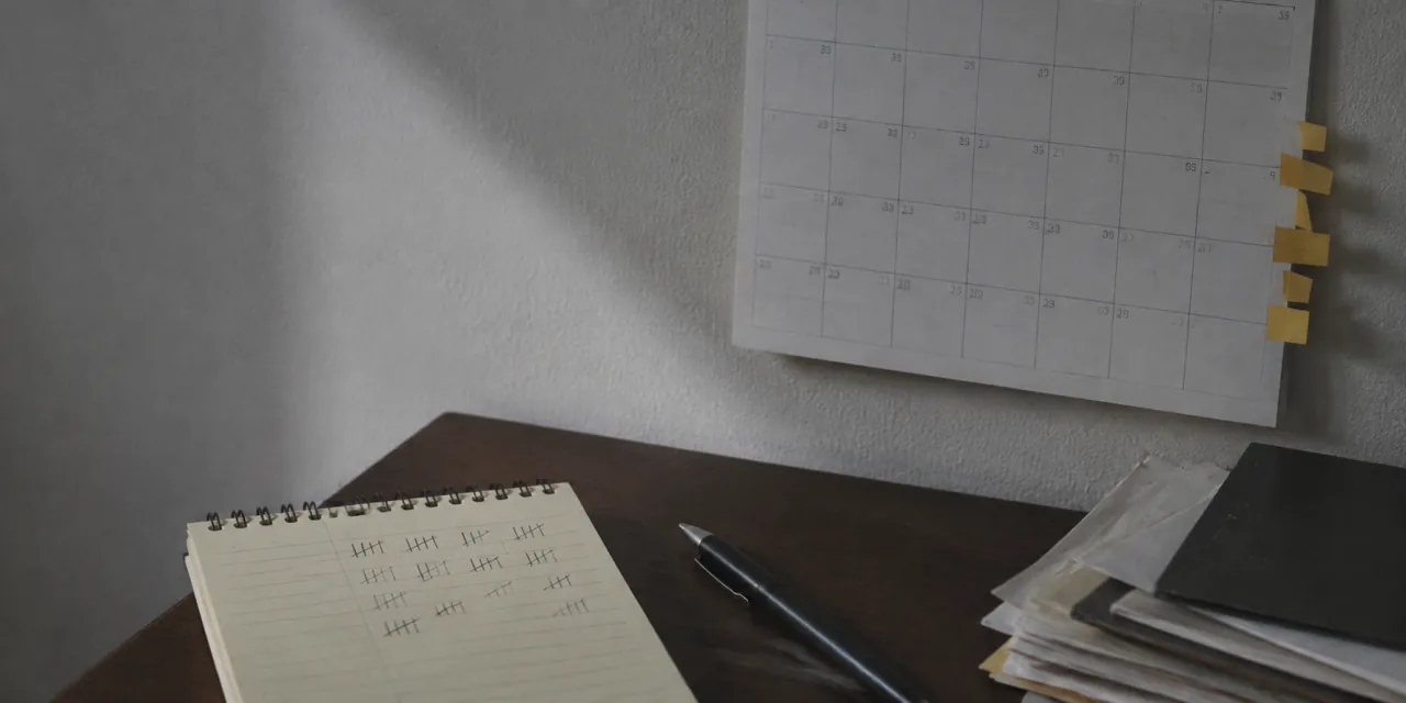 Coin de bureau : un calendrier mural marqué de plusieurs onglets ocre, un bloc-notes couvert de bâtons de comptage, un stylo et une pile de papiers