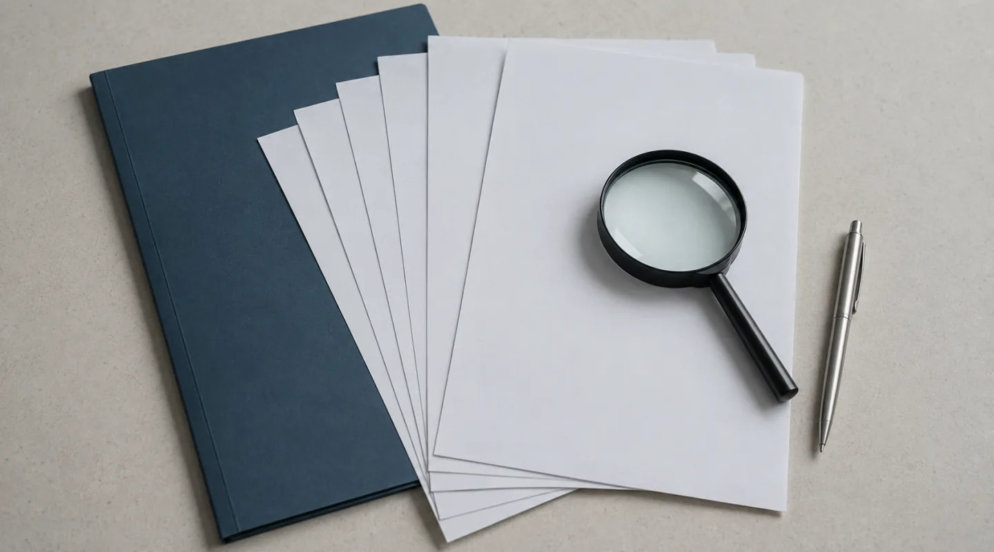 Cinq feuilles blanches vierges en éventail sur un dossier bleu ardoise, une loupe posée sur la première, un stylo à côté
