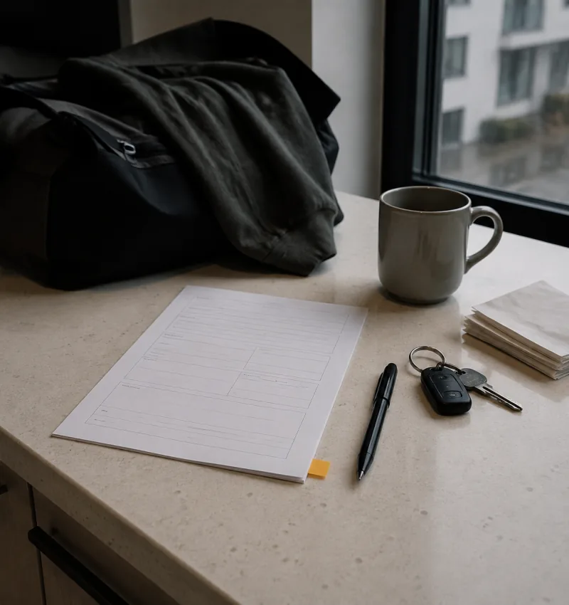 Plan de travail la veille d’un départ : une fiche de consignes aux champs vierges, un stylo, des clés, une pile de papiers pliés, une tasse et un sac de voyage