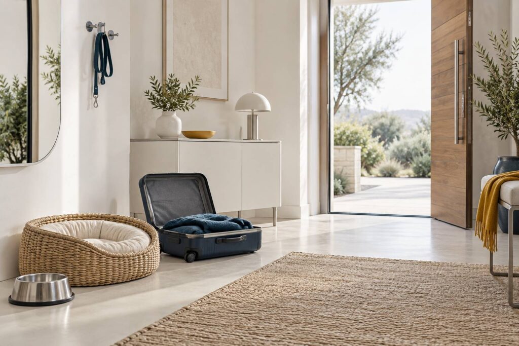 Entrée de maison claire avec valise ouverte, gamelle et panier vide