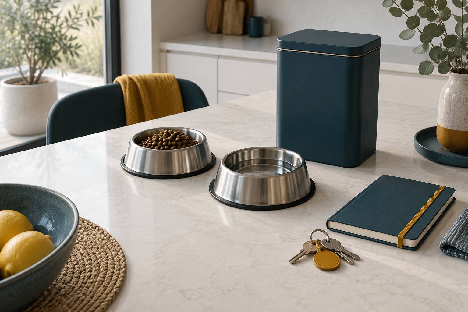 Gamelles en inox propres et clés posées sur une table de cuisine
