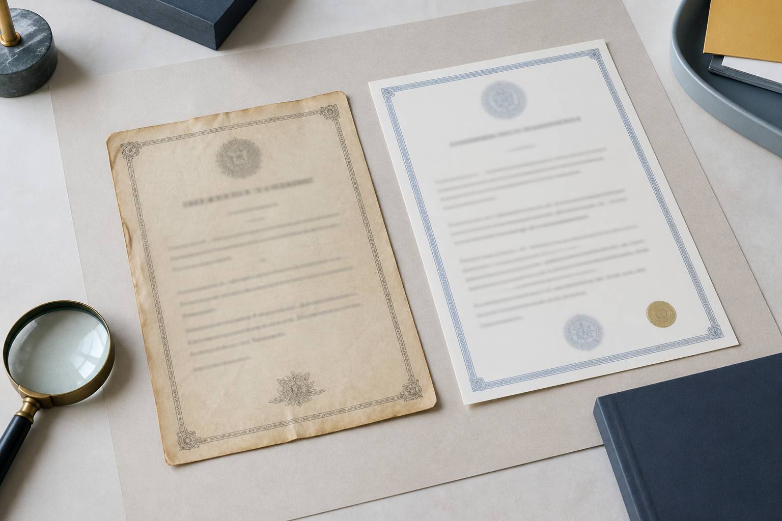 Deux documents officiels flous comparés avec une loupe sur un plan clair