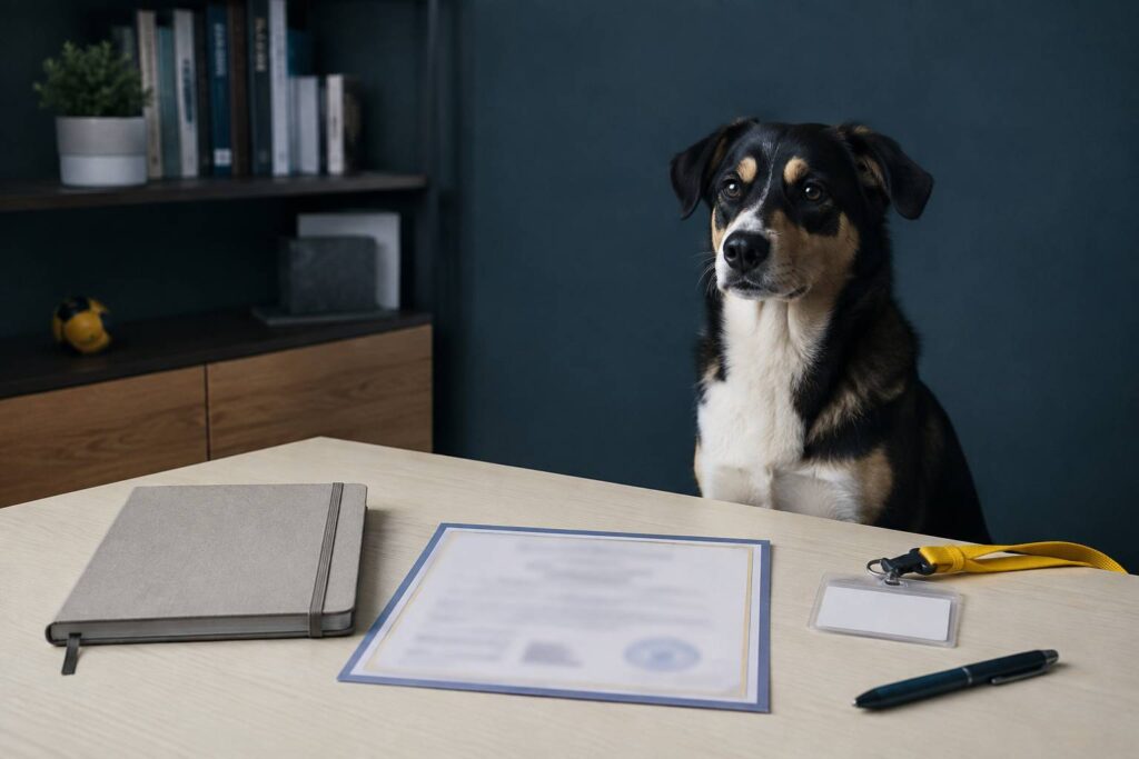 Attestation de formation floue avec badge et chien assis à côté