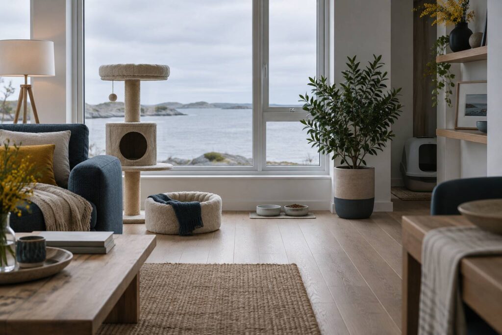 Appartement rangé avec gamelles, arbre à chat et litière préparés