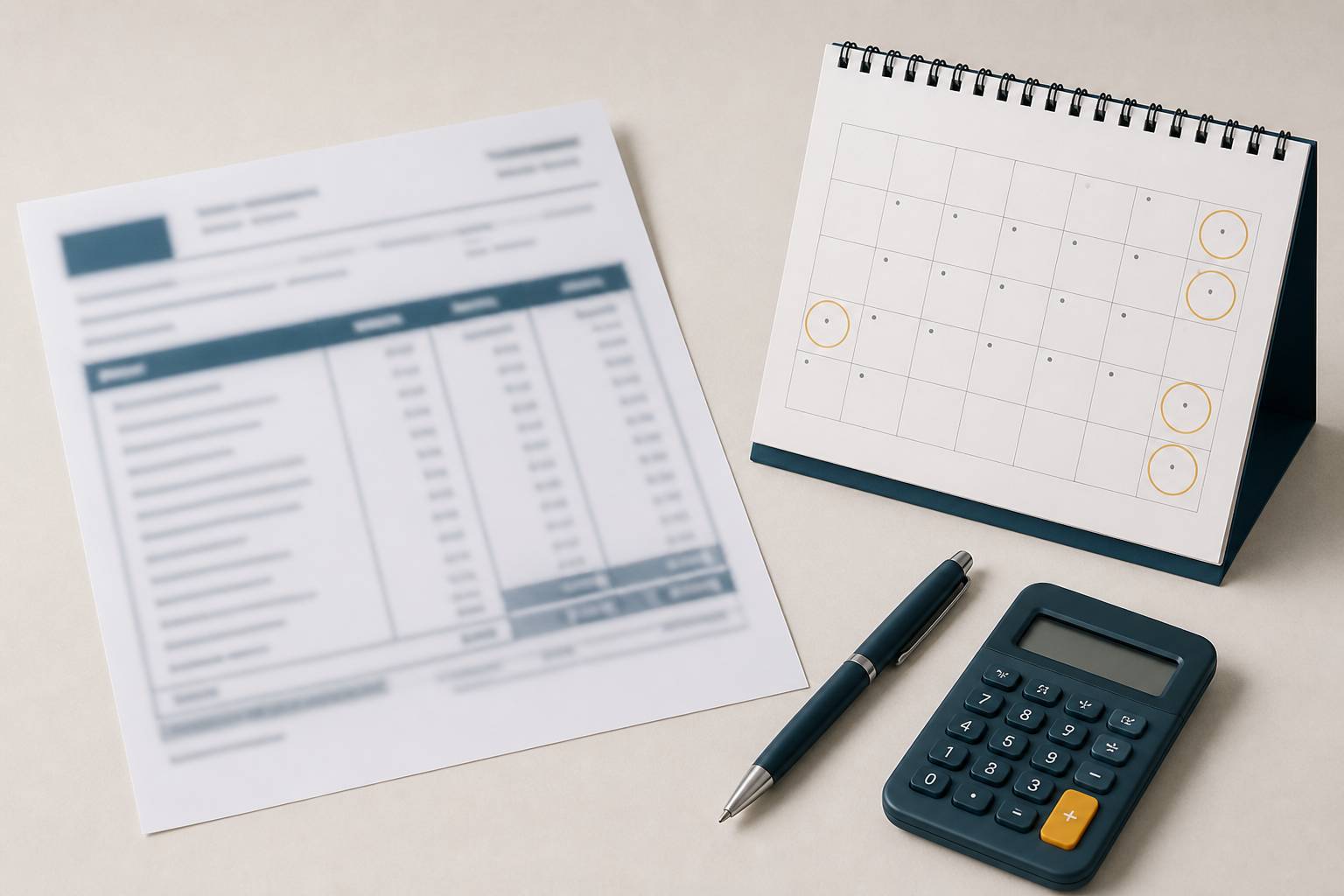 Bulletin de paie flou près d'un calendrier aux jours fériés entourés