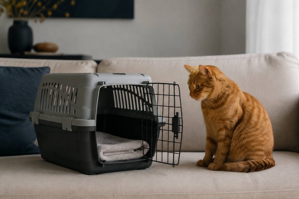 Cage de transport ouverte avec serviette et chat roux assis à côté