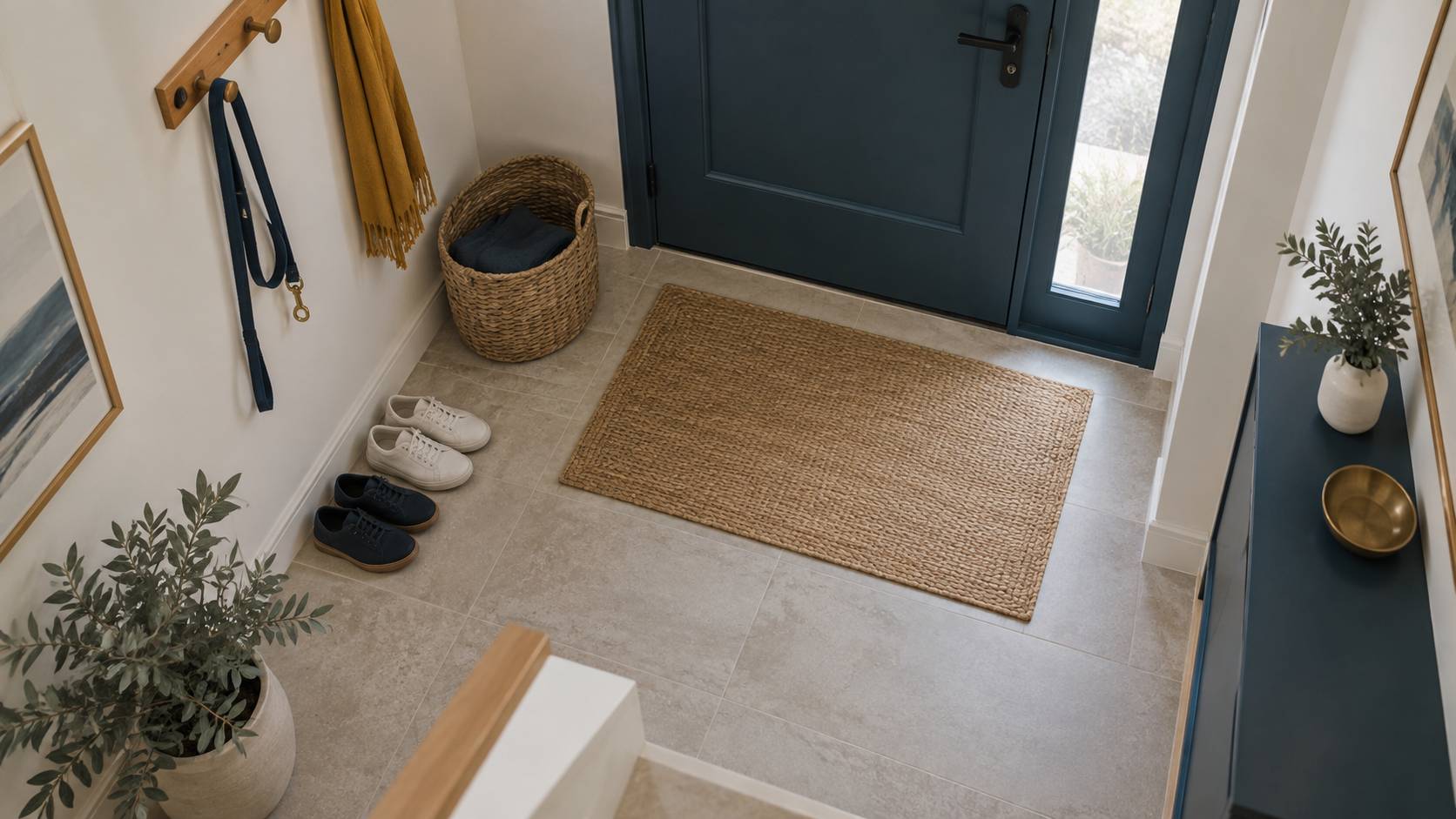 Caméra discrète fixée en hauteur dans une entrée avec laisse et panier