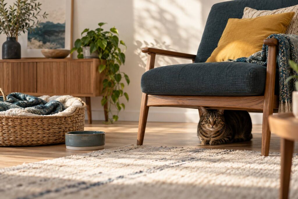 Chat tigre assis sous un fauteuil dans un salon calme