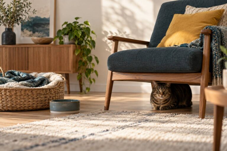 Chat craintif qui se cache : comment se passe la garde