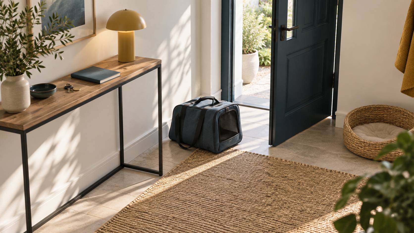 Trousseau de cles et sac de toile poses dans une entree de logement