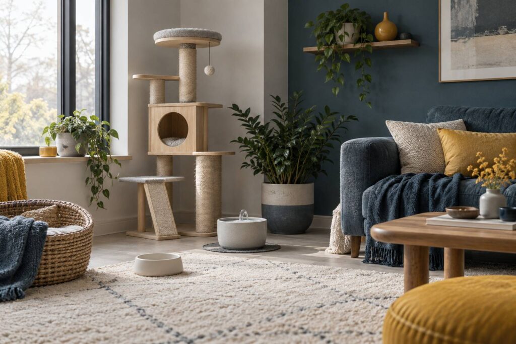 Interieur calme avec arbre a chat, gamelle en ceramique et fontaine a eau