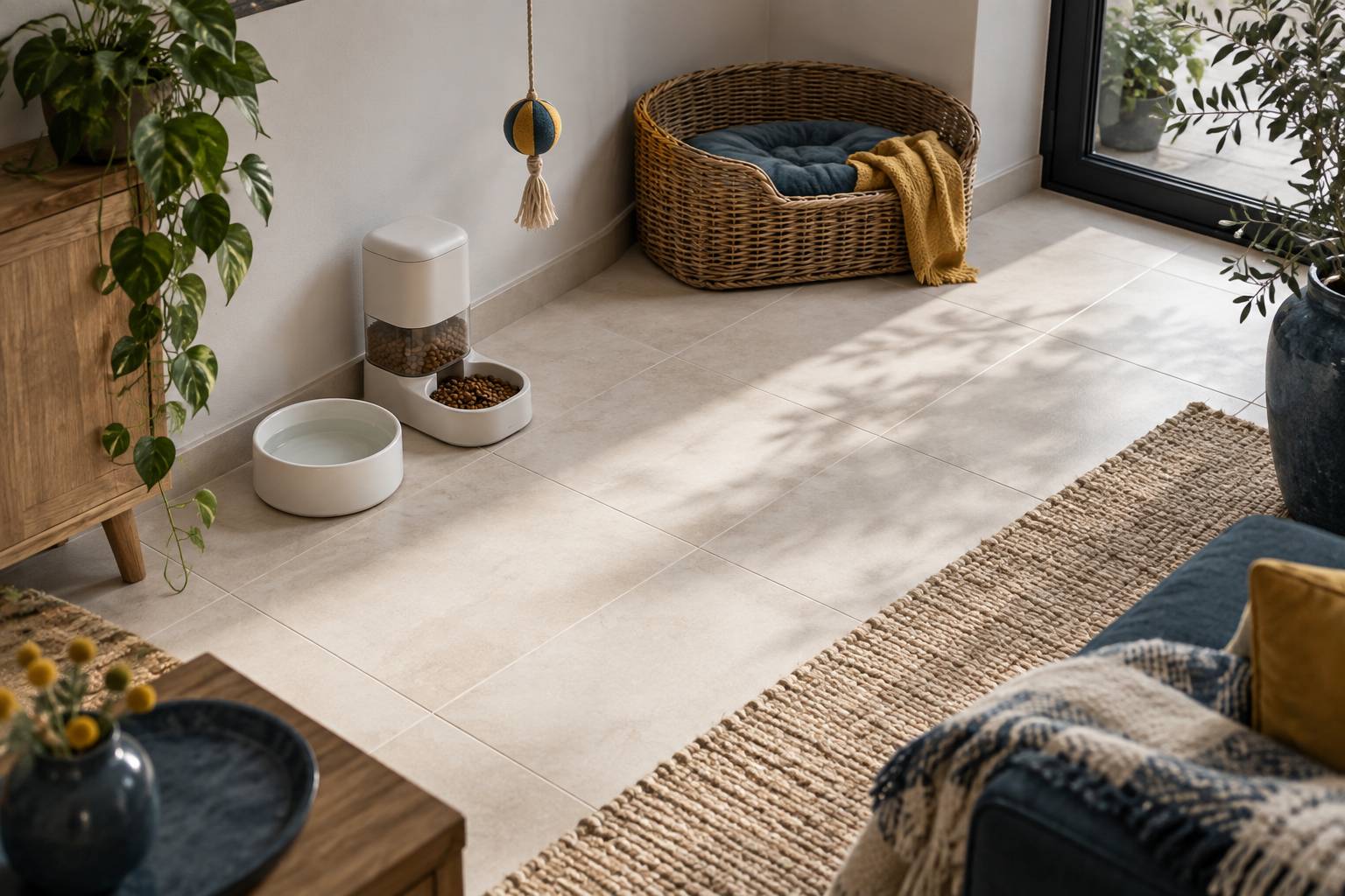 Gamelle d'eau et distributeur inerte sur un carrelage clair avec panier en osier
