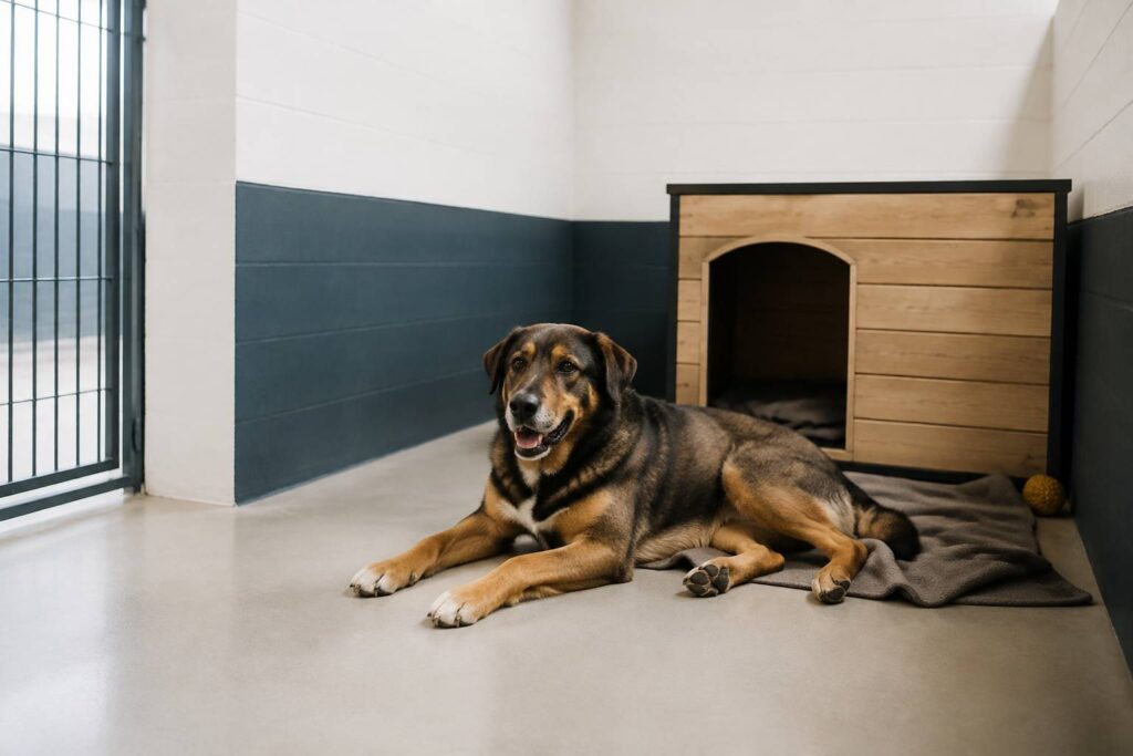 Box de chenil propre avec niche et chien couché calmement devant