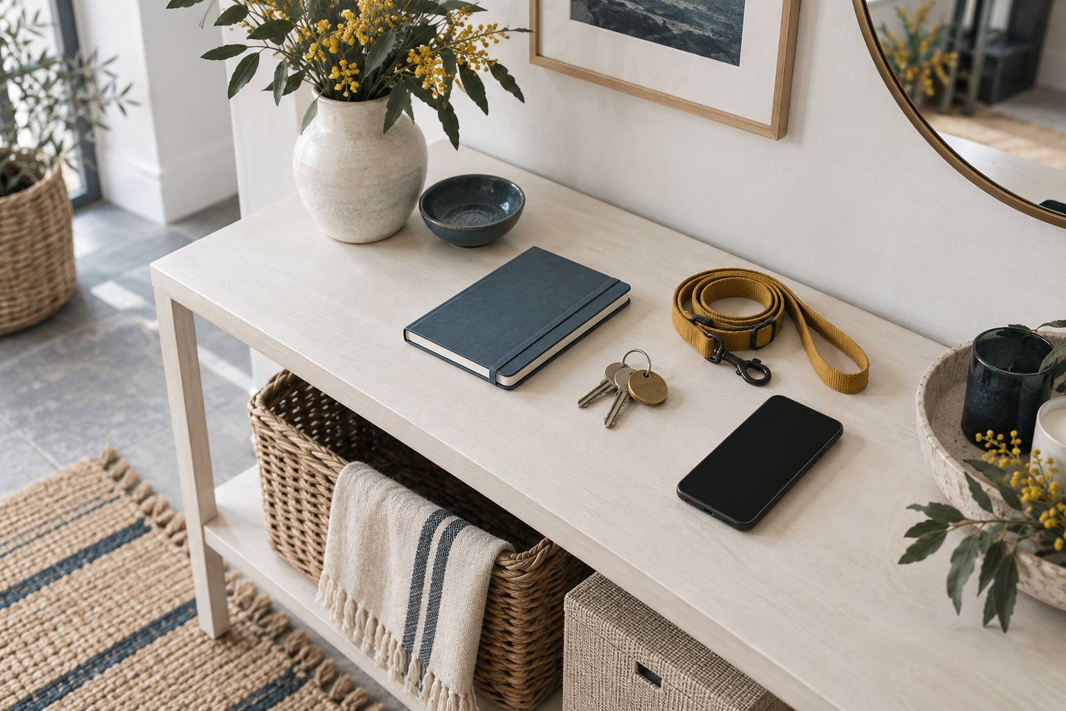 Carnet de consignes ferme, trousseau de cles et laisse sur une table d'entree