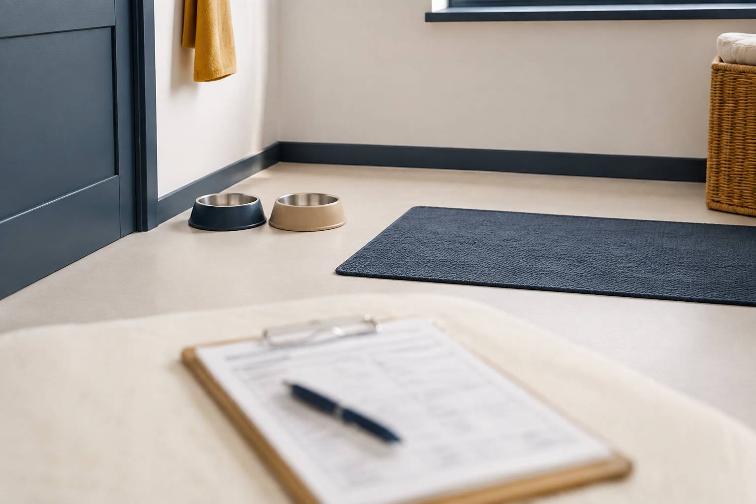 Fiche d'hébergement floue posée près de gamelles et d'un tapis