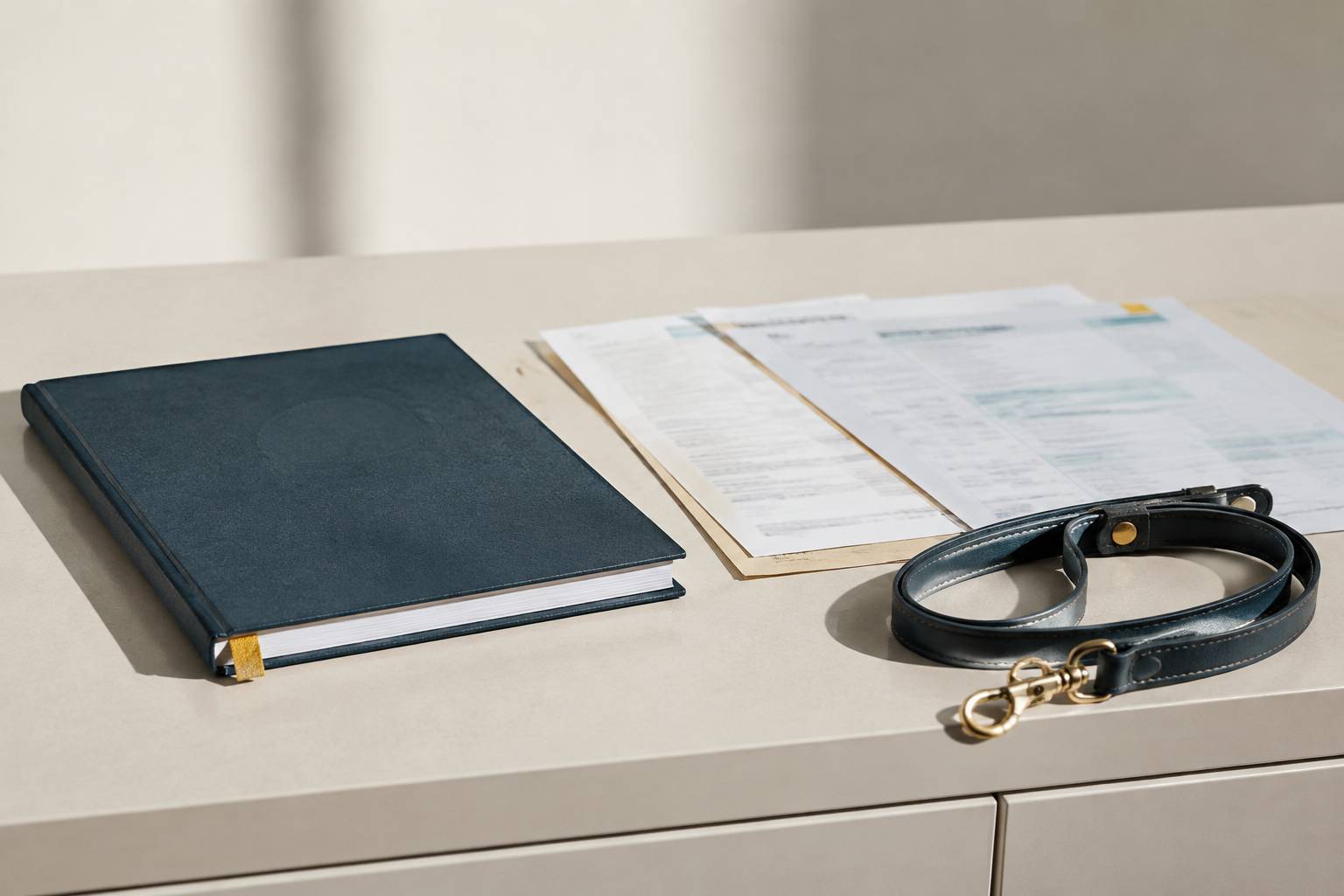 Carnet de santé flou et documents posés près d'une laisse