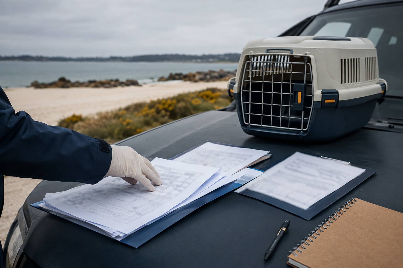 Documents réglementaires flous sur un capot avec une caisse de transport