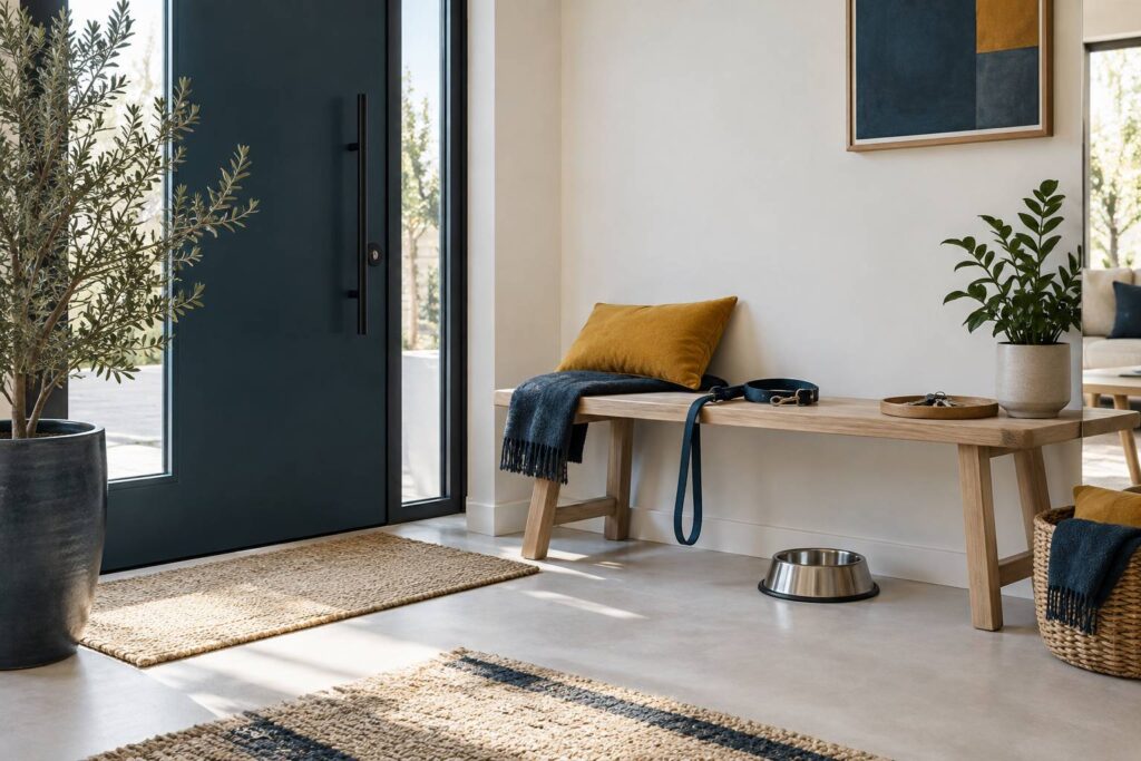 Laisse, collier et gamelle sobres posés à l'entrée d'une maison