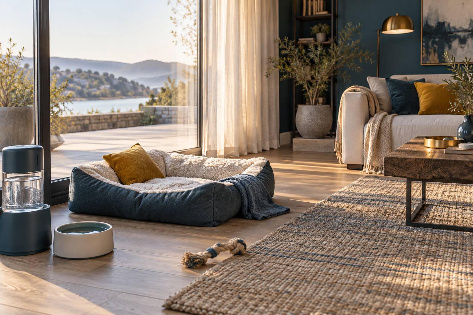 Coussin, jouet et distributeur d'eau disposés pour la journée du chien