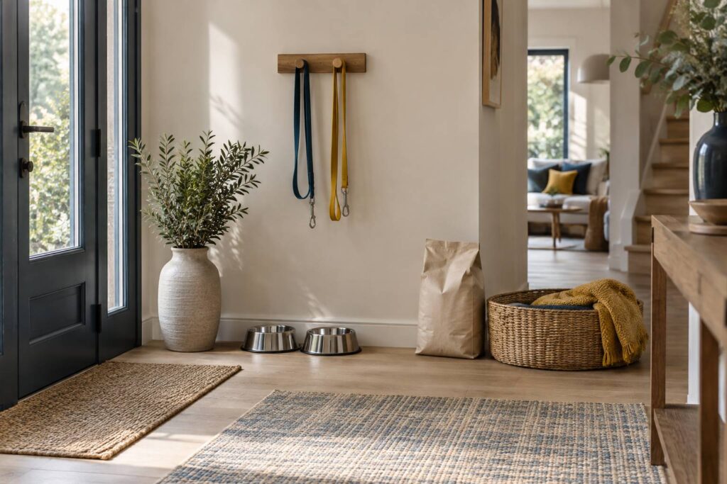 Entree de maison avec laisses suspendues, gamelles et panier en osier