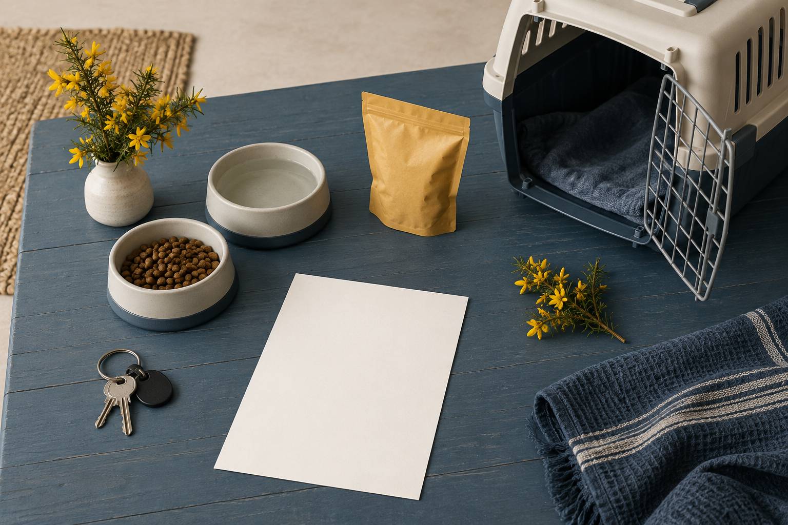 Trousseau de cles, gamelles et panier de transport sur un plan de travail