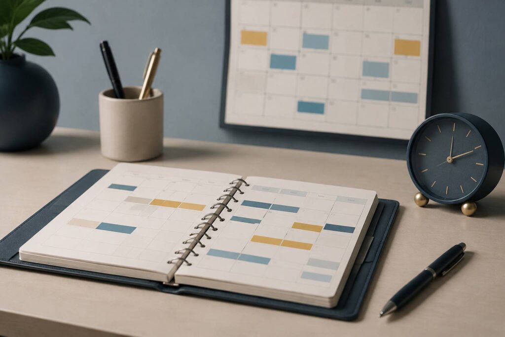 Planning hebdomadaire aux cases colorées sans texte avec réveil et stylo