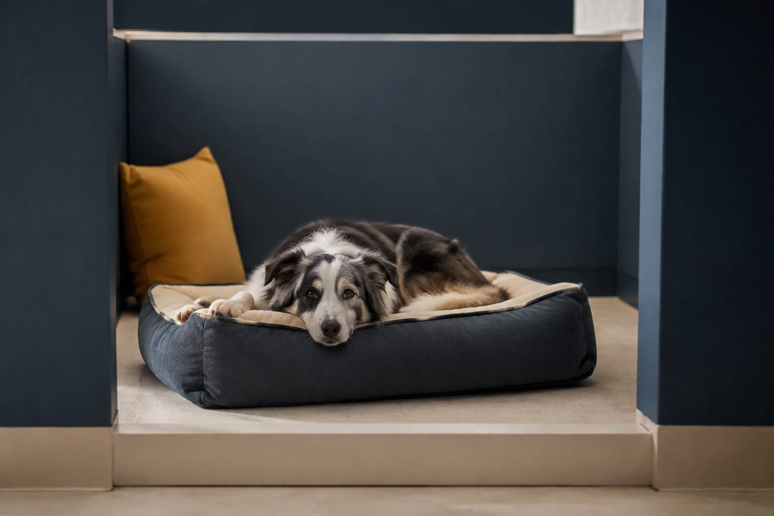 Chien couché dans un box propre vu à travers une séparation basse