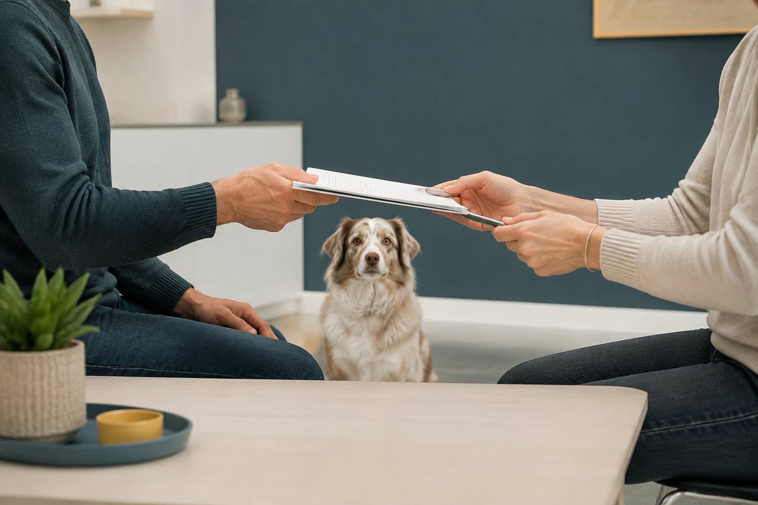 Échange d'un contrat entre deux personnes sans visage avec un chien présent