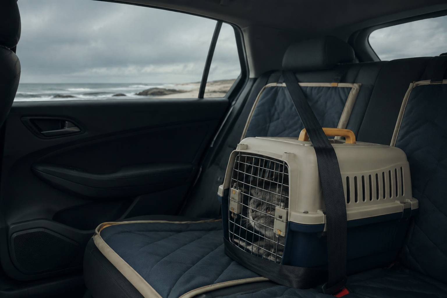 Cage de transport avec chat calée et ceinturée sur une banquette arrière