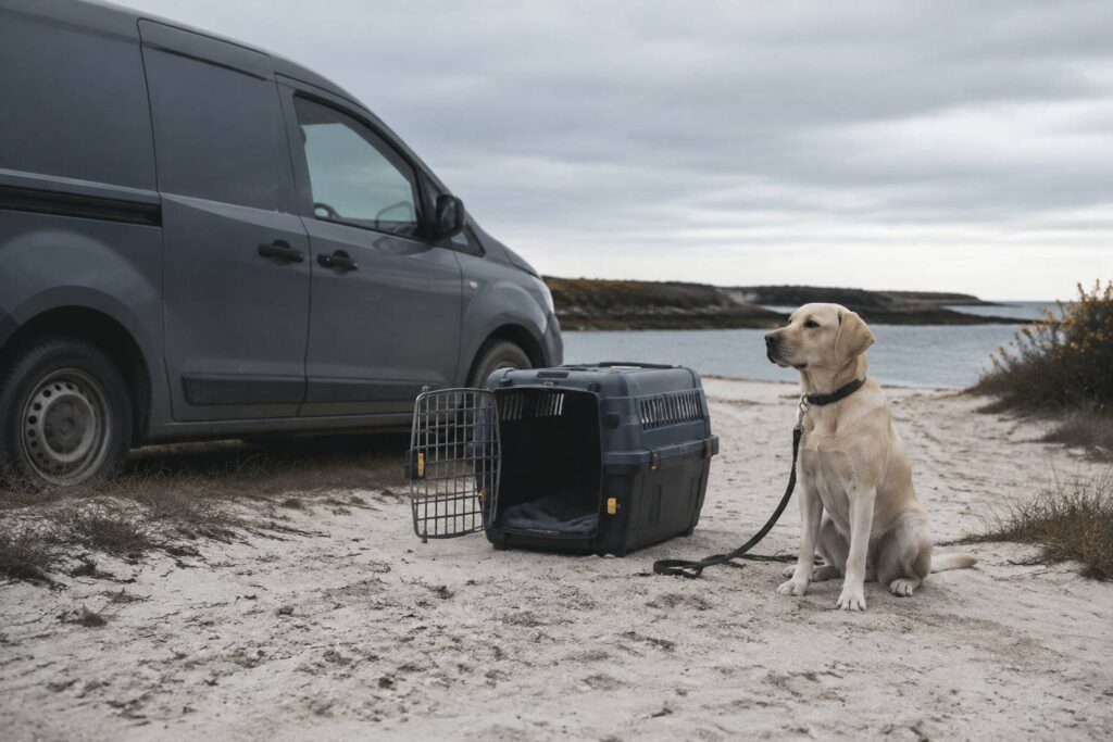 Caisse de transport ouverte près d'un utilitaire gris avec un chien calme
