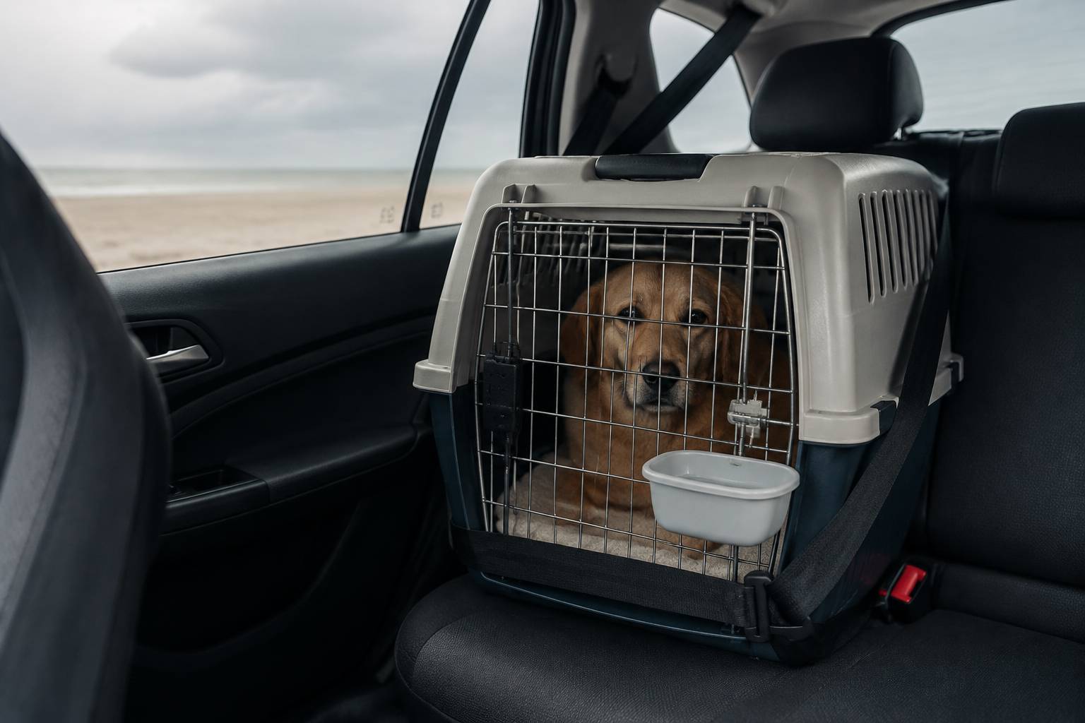 Caisse de transport ceinturée sur une banquette avec un chien au calme