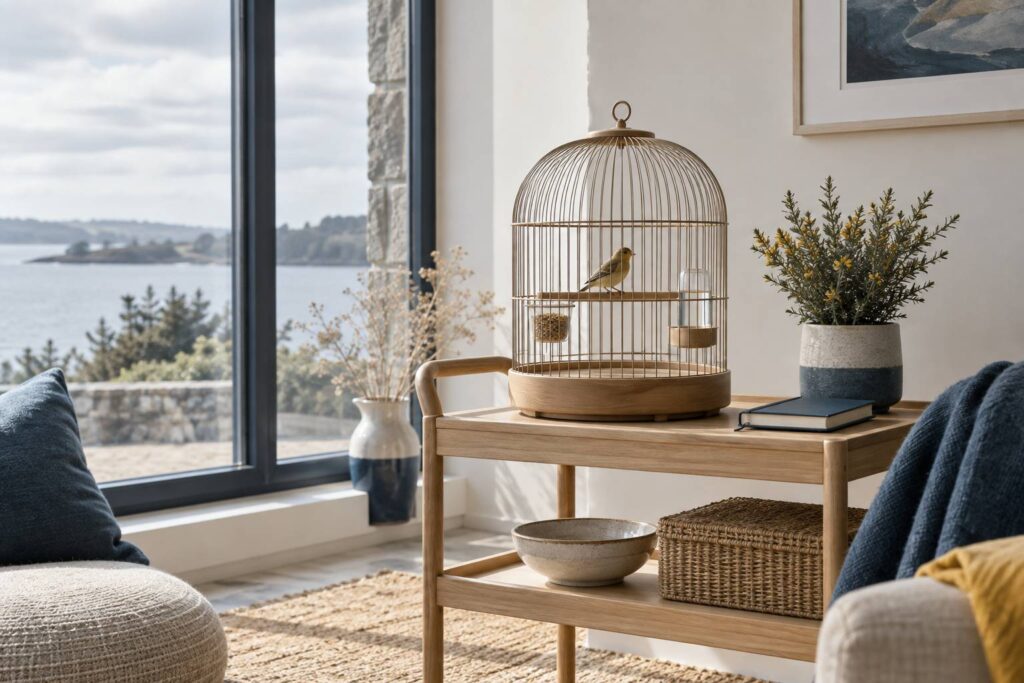 Cage a oiseau posee sur une desserte pres d'une fenetre lumineuse