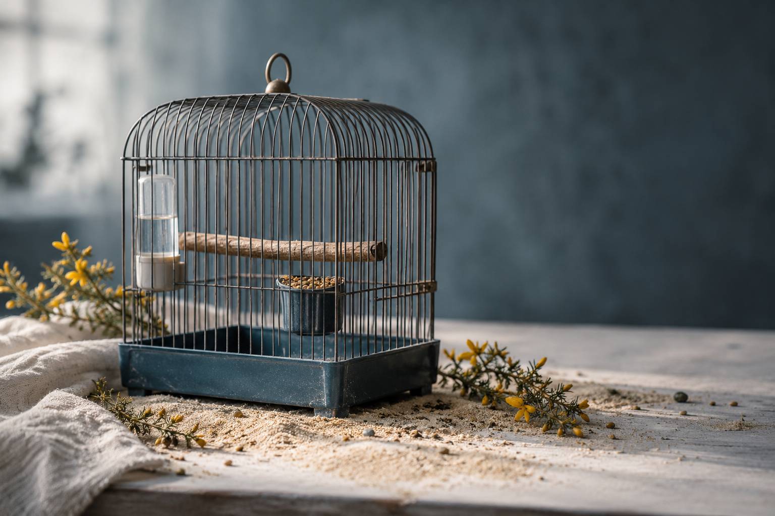 Gros plan d'une cage a oiseau avec perchoir et mangeoire de graines