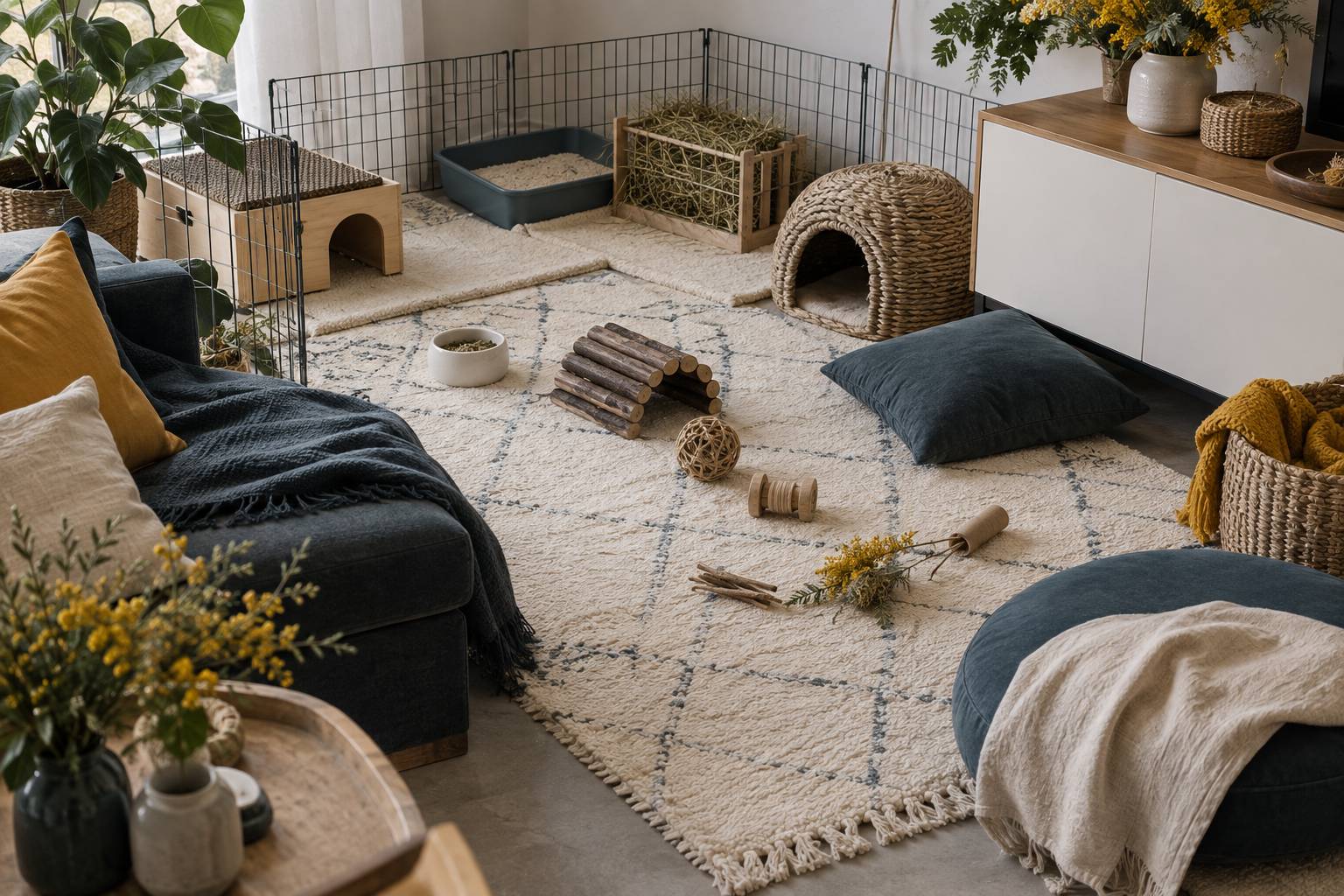 Coin de séjour aménagé pour un lapin avec enclos, foin et jouets en bois