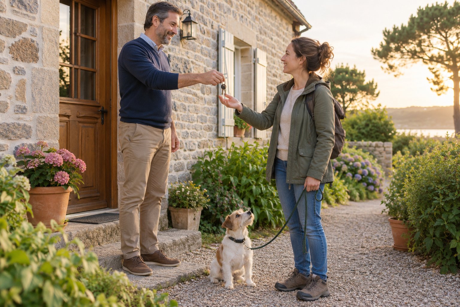 Remise des clés au gardien d'animaux devant une maison bretonne avant un départ imprévu