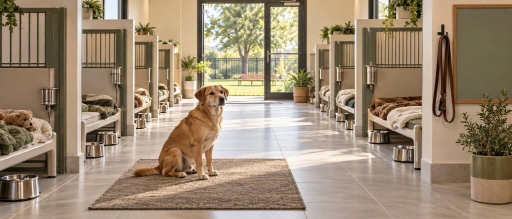 Intérieur clair d'une pension animale avec boxes, couchages surélevés, gamelles et cour végétalisée